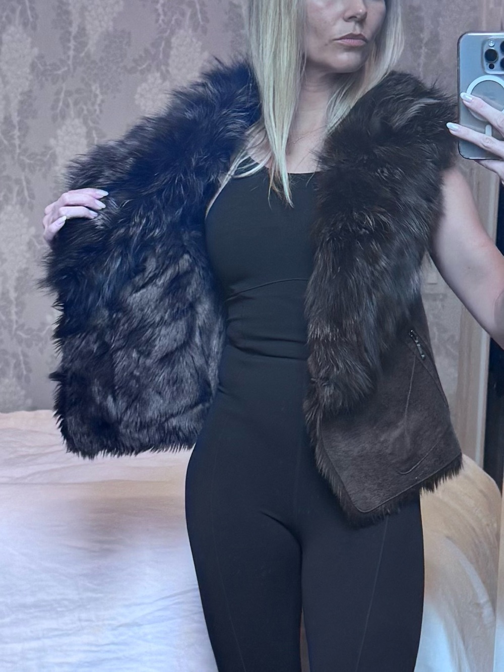 BCBGMaxAzria Charcoal Vest with Plush Fox Fur Collar